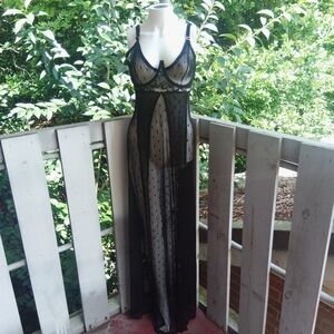Black Sheer Polka dot  Lace  Long Maxi Goth Grunge  Nightgown lingerie Dress